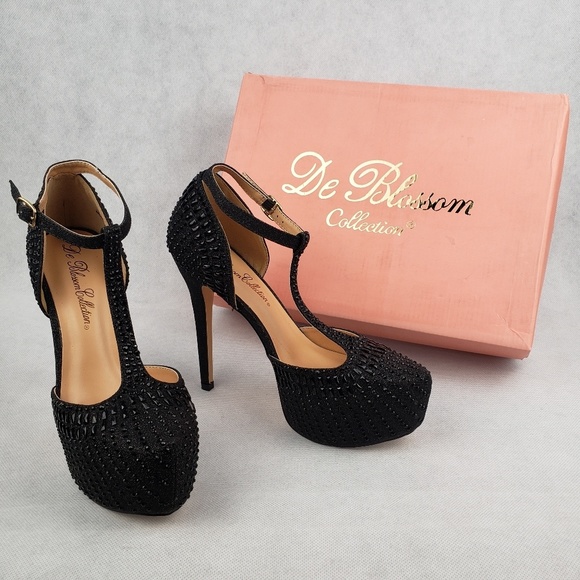 De Blossom Collection Shoes - De Blossom Black Rhinestone Heels Size 8
